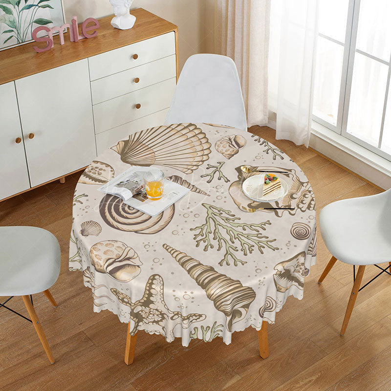 Lofaris Coastal Beach Round Tablecloth with Brown and White Seashells Coral for Nautical Themed Decor