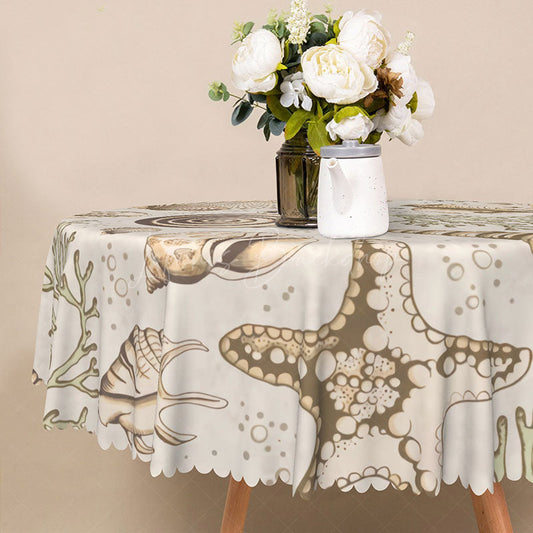 Lofaris Coastal Beach Round Tablecloth with Brown and White Seashells Coral for Nautical Themed Decor