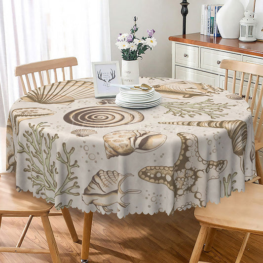 Lofaris Coastal Beach Round Tablecloth with Brown and White Seashells Coral for Nautical Themed Decor