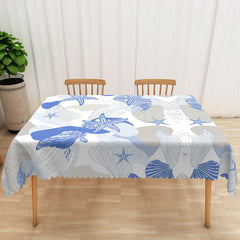 Lofaris Coastal Beach Tablecloth with Blue and White Starfish Seashells for Nautical Themed Party Decor