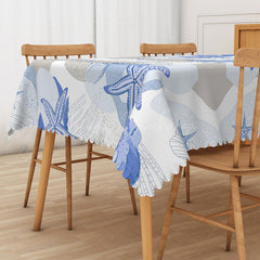 Lofaris Coastal Beach Tablecloth with Blue and White Starfish Seashells for Nautical Themed Party Decor