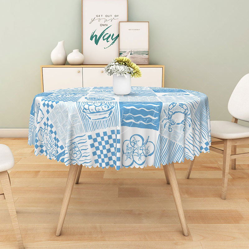 Lofaris Coastal Blue Round Tablecloth with Crab Shell and Wave Print for Beach House Nautical Decor