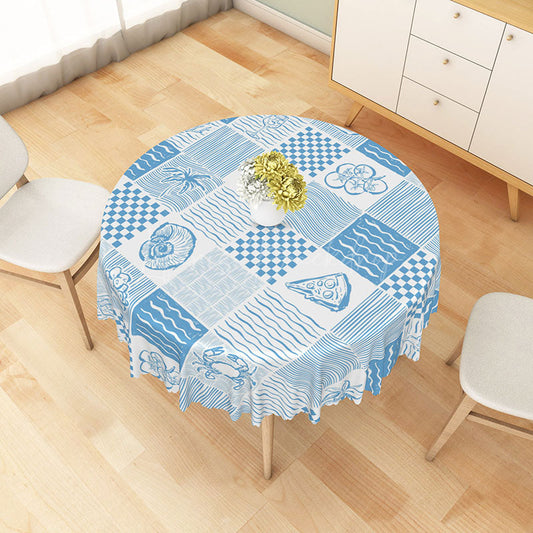 Lofaris Coastal Blue Round Tablecloth with Crab Shell and Wave Print for Beach House Nautical Decor