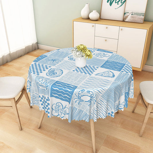 Lofaris Coastal Blue Round Tablecloth with Crab Shell and Wave Print for Beach House Nautical Decor