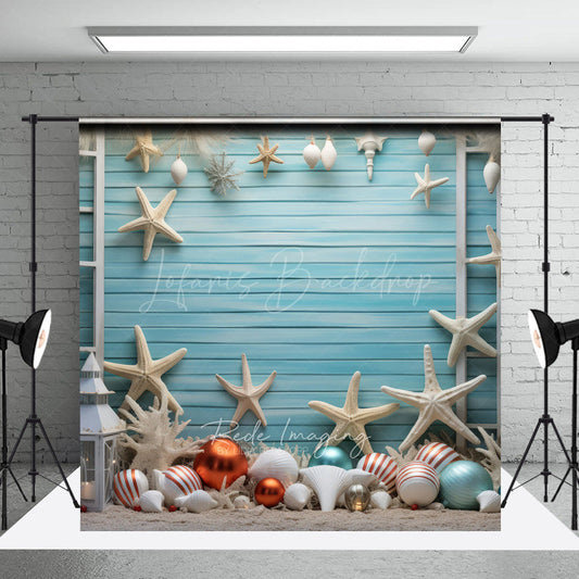 Lofaris Coastal Christmas Photography Backdrop Beach Theme with Starfish and Ornaments Blue Wood Wall Holiday Photo Prop