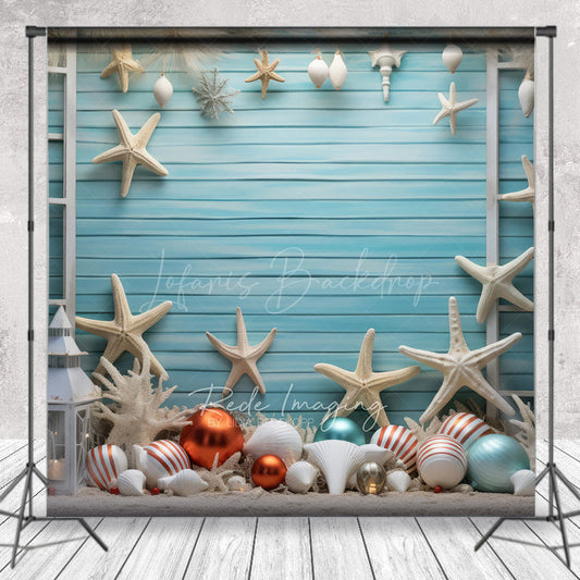 Lofaris Coastal Christmas Photography Backdrop Beach Theme with Starfish and Ornaments Blue Wood Wall Holiday Photo Prop