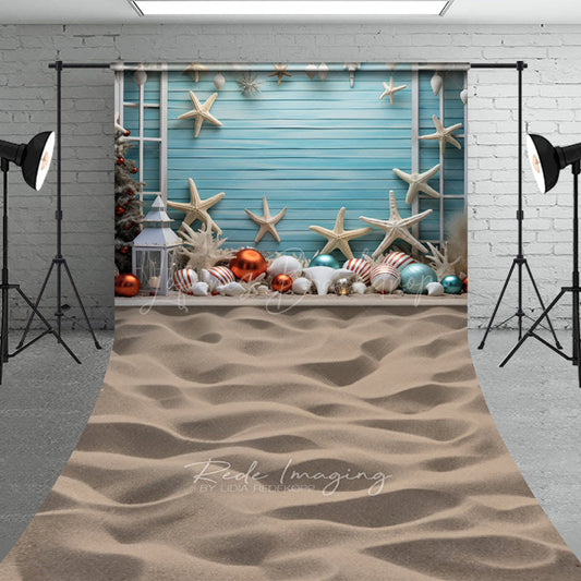 Lofaris Coastal Christmas Sweep Photo Backdrop Beach Theme with Starfish and Ornaments Blue Wood Wall Holiday Prop