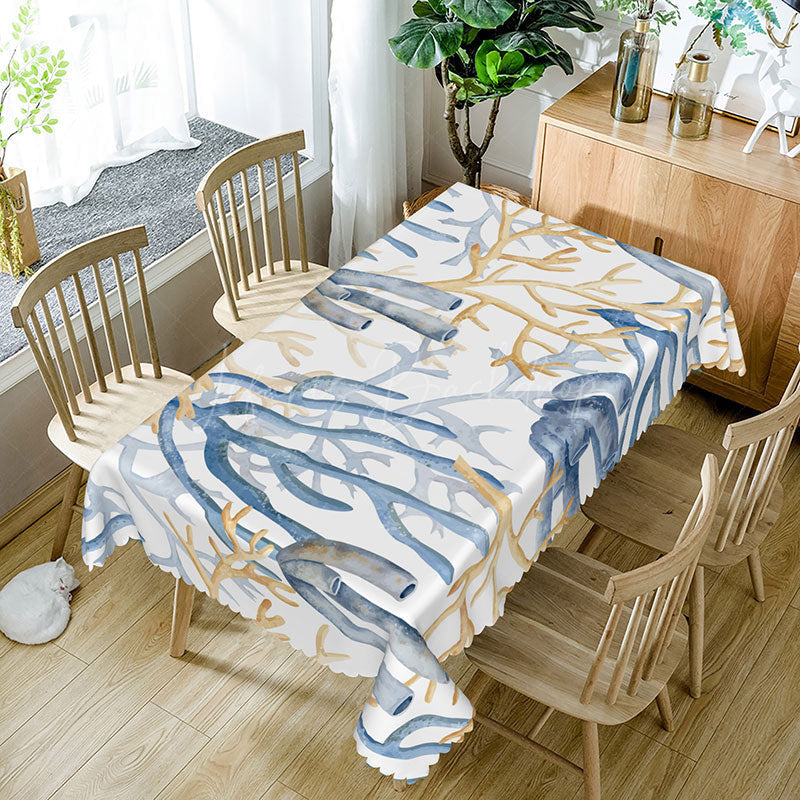 Lofaris Coastal Coral Pattern Rectangle Tablecloth in Blue and Khaki for Beach House Ocean Themed Decor