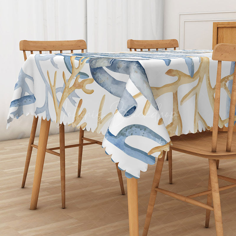 Lofaris Coastal Coral Pattern Rectangle Tablecloth in Blue and Khaki for Beach House Ocean Themed Decor