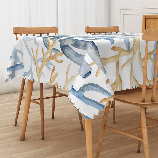 Lofaris Coastal Coral Pattern Rectangle Tablecloth in Blue and Khaki for Beach House Ocean Themed Decor