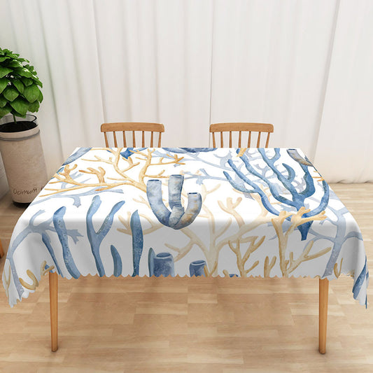 Lofaris Coastal Coral Pattern Rectangle Tablecloth in Blue and Khaki for Beach House Ocean Themed Decor