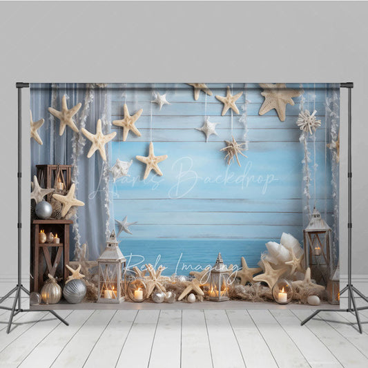 Lofaris Coastal Summer Photography Backdrop Beach Scene with Starfish and Lanterns Blue Wood Wall Photo Prop Decor
