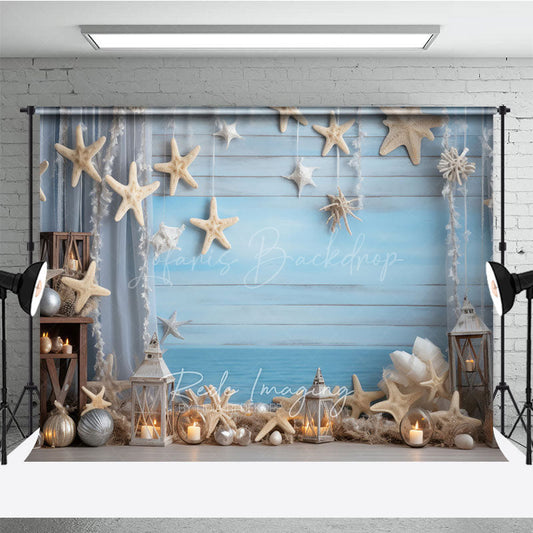Lofaris Coastal Summer Photography Backdrop Beach Scene with Starfish and Lanterns Blue Wood Wall Photo Prop Decor