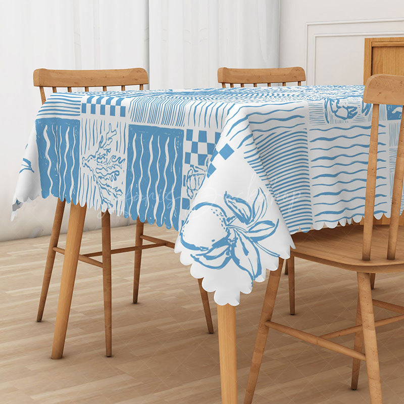 Lofaris Coastal Summer Tablecloth with Blue Conch Shells and Fruit for Beach House Kitchen Dining Decor