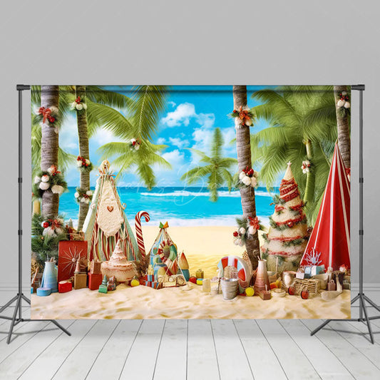 Lofaris Coconut Tree Beach Sky Christmas In July Backdrop
