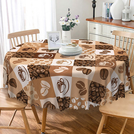 Lofaris Coffee Bean Plaid Round Tablecloth in Brown and White for Cafe Kitchen Lover Decor