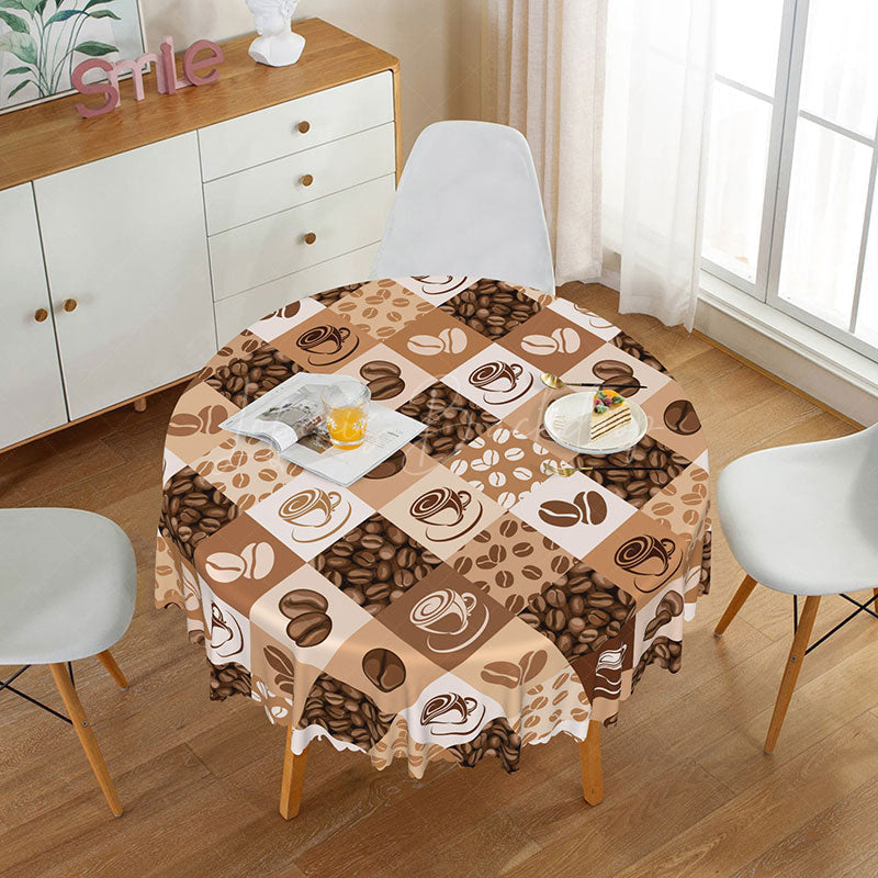 Lofaris Coffee Bean Plaid Round Tablecloth in Brown and White for Cafe Kitchen Lover Decor