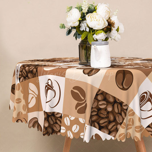 Lofaris Coffee Bean Plaid Round Tablecloth in Brown and White for Cafe Kitchen Lover Decor