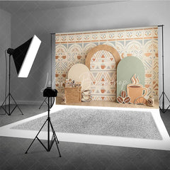 Lofaris Coffee Shop Cafe Photography Backdrop with Tile Pattern Geometric Arches and Cups for Baby Shower Birthday