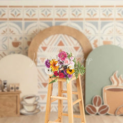 Lofaris Coffee Shop Cafe Photography Backdrop with Tile Pattern Geometric Arches and Cups for Baby Shower Birthday