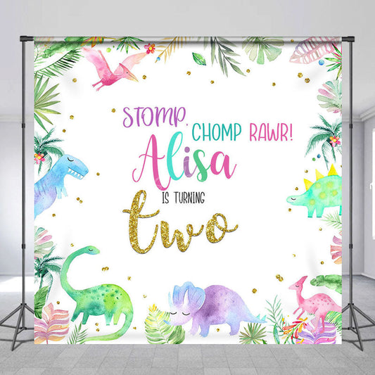Lofaris Color Baby Dinosaur Custom Name 2nd Birthday Backdrop