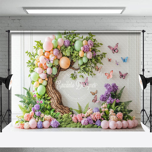Lofaris Color Balloon Tree Floral Butterfly Cake Smash Backdrop