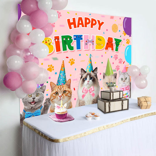 Lofaris Color Cat Paw Print Balloons Happy Birthday Backdrop