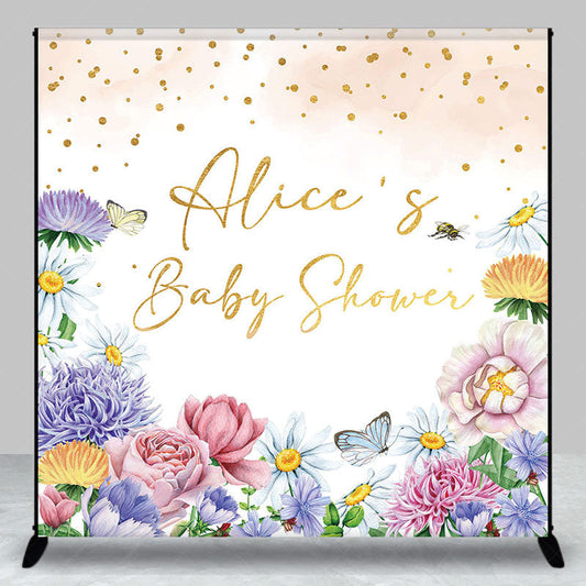 Lofaris Color Floral Glitter Custom Name Baby Shower Backdrop
