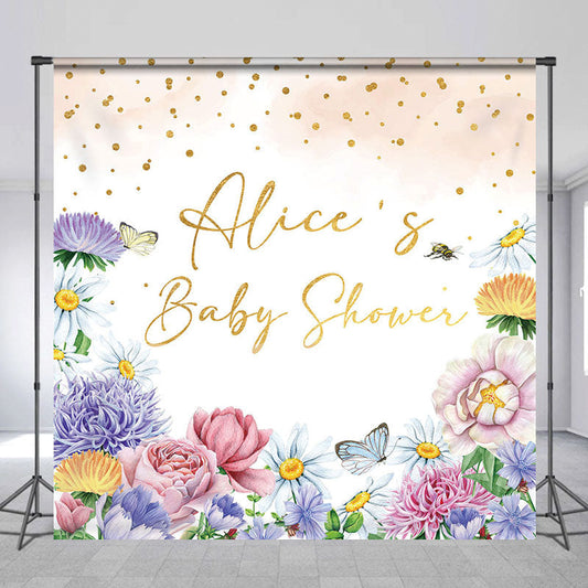 Lofaris Color Floral Glitter Custom Name Baby Shower Backdrop