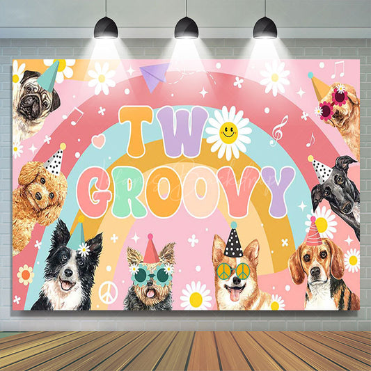 Lofaris Color Rainbow Daisy Dogs Two Groovy Birthday Backdrop