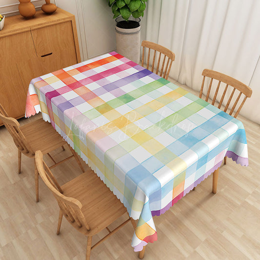 Lofaris Colorful Abstract Rectangle Tablecloth with Faux Scalloped Edge for Fun and Playful Party Decor