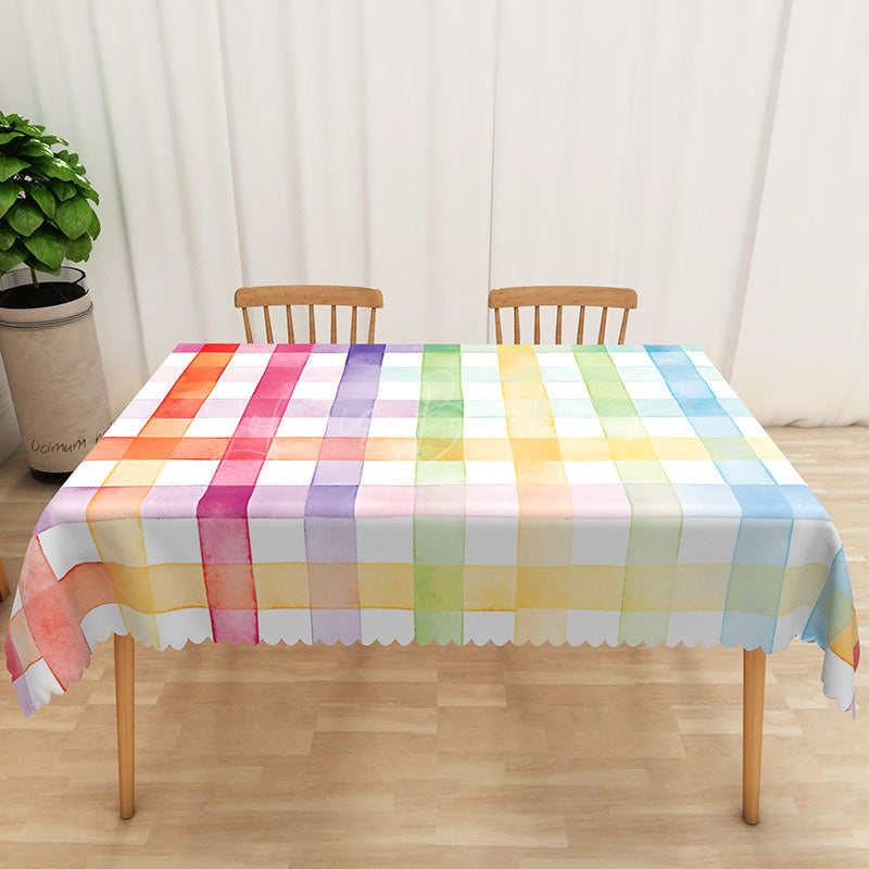 Lofaris Colorful Abstract Rectangle Tablecloth with Faux Scalloped Edge for Fun and Playful Party Decor