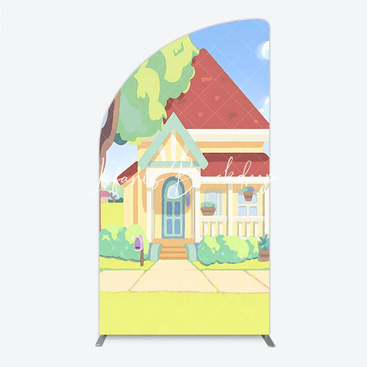 Lofaris Colorful Animated House with Red Roof Yellow Walls Half Moon Arch Backdrop Playful Children’s Birthday Party Decor