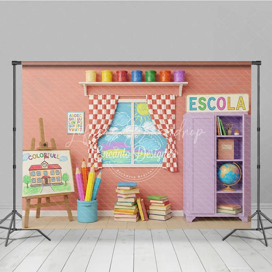 Lofaris Colorful Art Classroom Back To School Backdrop Purple Cabinet Easel Window Background Student Photography Prop