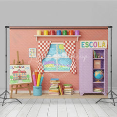 Lofaris Colorful Art Classroom Back To School Backdrop Purple Cabinet Easel Window Background Student Photography Prop
