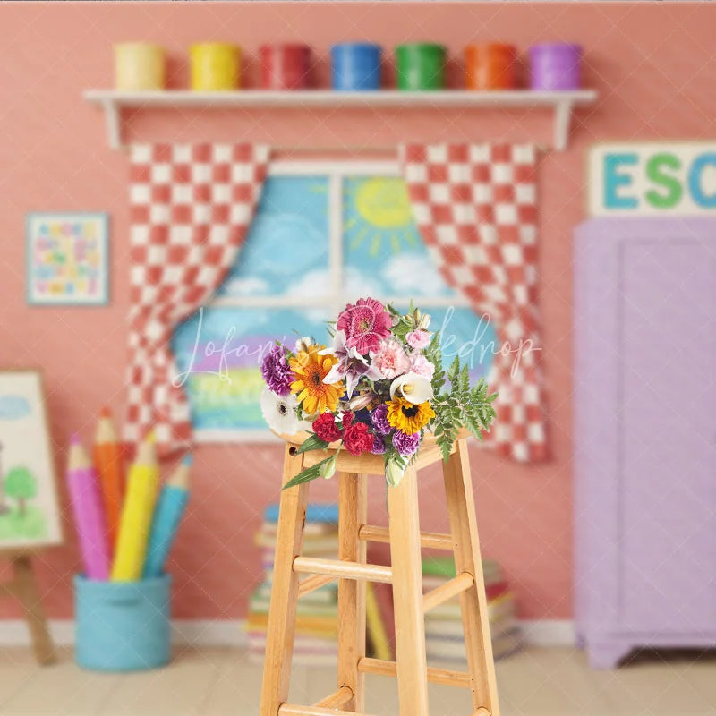 Lofaris Colorful Art Classroom Back To School Backdrop Purple Cabinet Easel Window Background Student Photography Prop