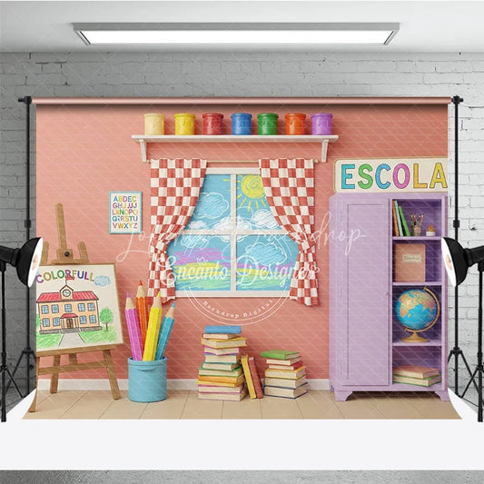 Lofaris Colorful Art Classroom Back To School Backdrop Purple Cabinet Easel Window Background Student Photography Prop