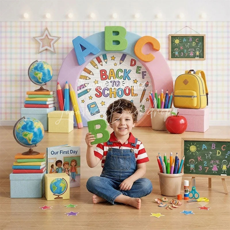 Lofaris Colorful Back to School ABC Combo Set Backdrop featuring Globe Books and Pencils for Classroom Decor