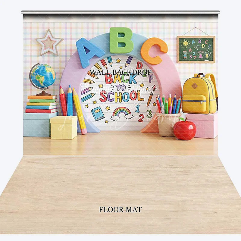 Lofaris Colorful Back to School ABC Combo Set Backdrop featuring Globe Books and Pencils for Classroom Decor