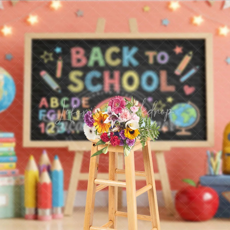 Lofaris Colorful Back to School Blackboard Photography Backdrop with Globe Books and Pencils for Kids’ Educational Photos