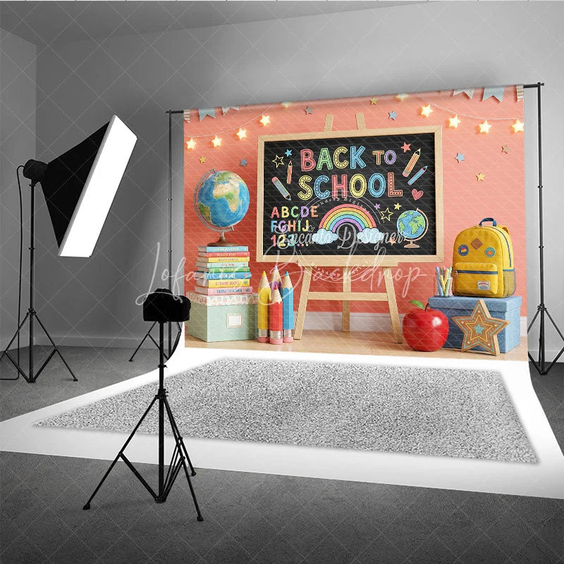Lofaris Colorful Back to School Blackboard Photography Backdrop with Globe Books and Pencils for Kids’ Educational Photos