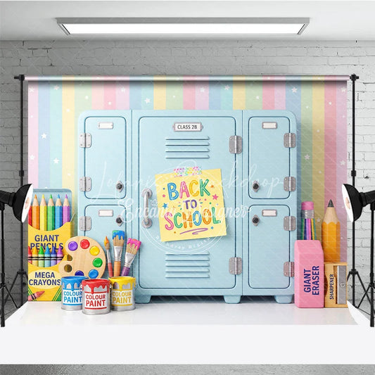 Lofaris Colorful Back to School Photography Backdrop Pastel Rainbow with Lockers and Art Supplies for Kids