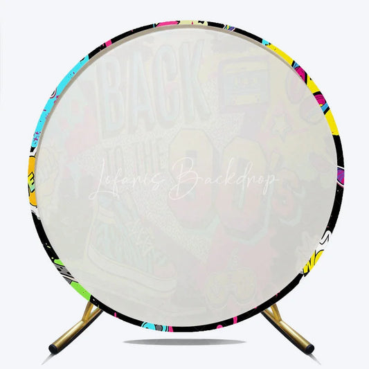 Lofaris Colorful Back to the 90s Round Backdrop with Skateboard Cassette and Neon Elements Retro Party Decor