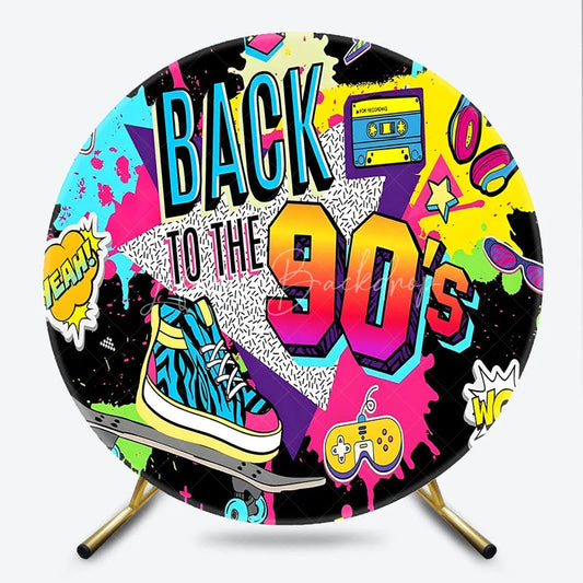 Lofaris Colorful Back to the 90s Round Backdrop with Skateboard Cassette and Neon Elements Retro Party Decor