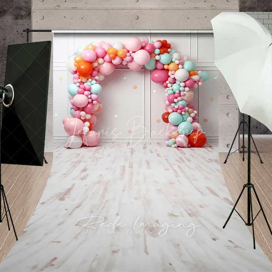 Lofaris Colorful Balloon Arch Sweep Photo Backdrop White Wall Panel Birthday Party Decoration Pastel Cake Smash Floor Prop