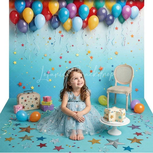 Lofaris Colorful Balloons and Stars Blue Gradient Combo Set Backdrop Festive Party Celebration Decor for Photography