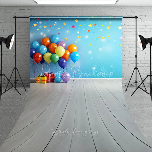 Lofaris Colorful Balloons and Stars Blue Wall Sweep Backdrop with Gift Boxes Wooden Floor for Birthday Party