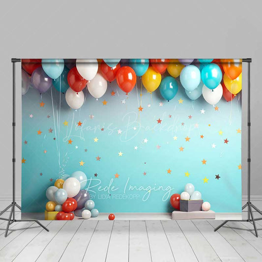 Lofaris Colorful Balloons Cake Smash Photography Backdrop Teal Wall with Stars First Birthday Party Studio Photo Prop