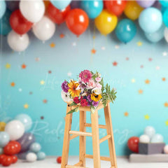 Lofaris Colorful Balloons Cake Smash Photography Backdrop Teal Wall with Stars First Birthday Party Studio Photo Prop
