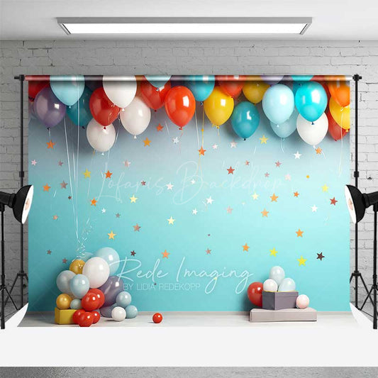 Lofaris Colorful Balloons Cake Smash Photography Backdrop Teal Wall with Stars First Birthday Party Studio Photo Prop